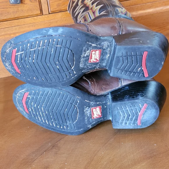 Tony Lama Brown And Black With Fancy Stitching Leather Buckaroo Cowboy Boots - Picture 4 of 6